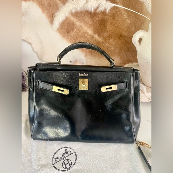 HERMES | Vintage 1966 Bonwit Teller Kelly 32 Black Box Calf Leather Bag - Picture 15 of 16